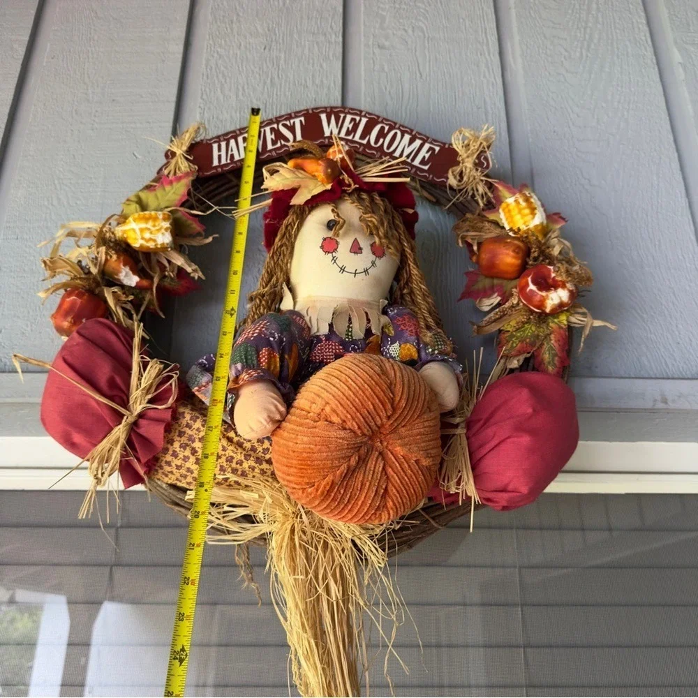 Harvest Welcome Scarecrow Wreath Thanksgiving Orange Autumn Fall Leaves Vintage